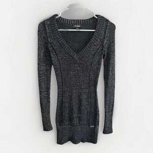 GUESS Long Sweater Womens Small Black Knit Metallic L/S V Neck Elena Vamp‎
